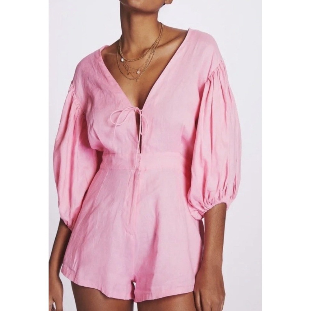 SWF Anthropologie Puff Sleeve Romper Large Pink Linen NWT $299 V-Neck Tie Front